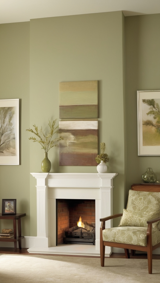 sage green sofa, sage green walls, living room fireplace, green living room decor, sage green curtains