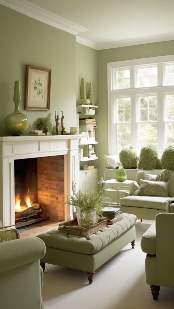 sage green sofa, sage green walls, living room fireplace, green living room decor, sage green curtains