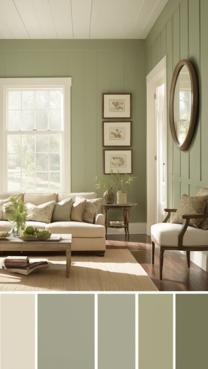 sage green walls living room, sage green accent wall, sage green living room decor, sage green feature wall, sage green painted walls