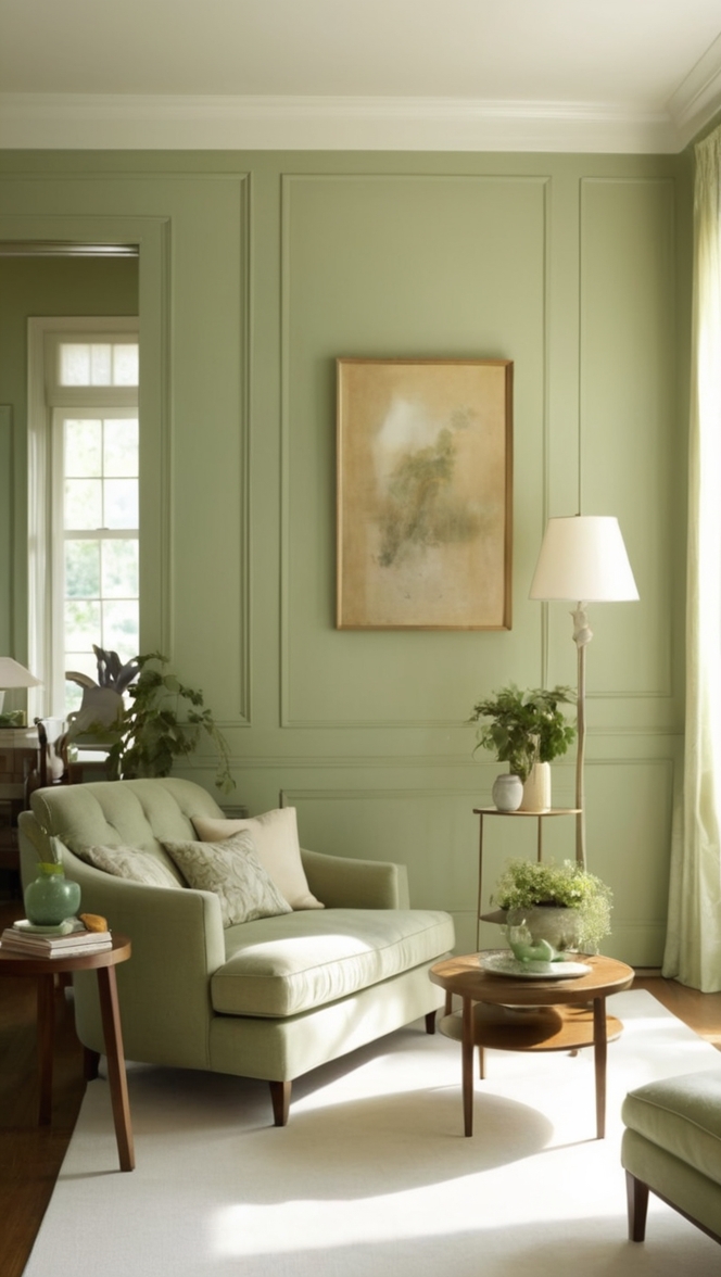 sage green walls living room, sage green accent wall, sage green living room decor, sage green feature wall, sage green painted walls