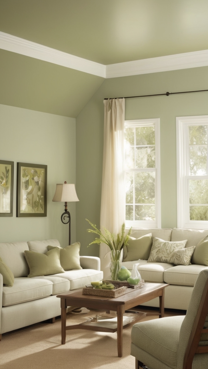 sage green sofa, small living room ideas, sage green walls, cozy living room, green accent chair