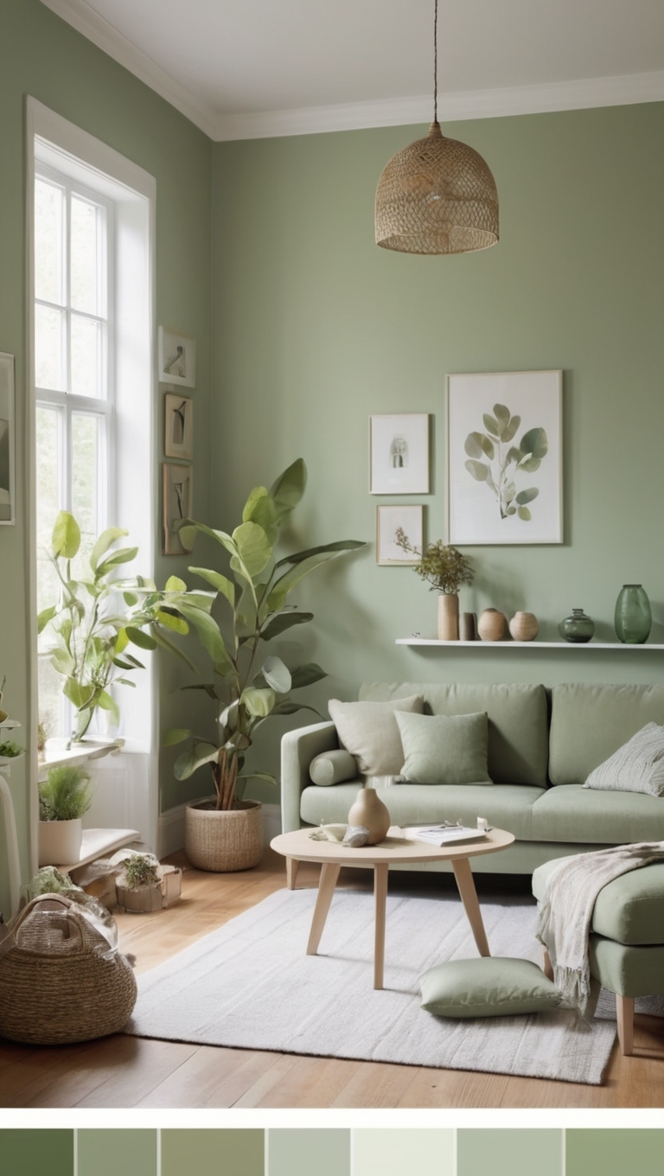 sage green sofa, small living room ideas, sage green walls, cozy living room, green accent chair