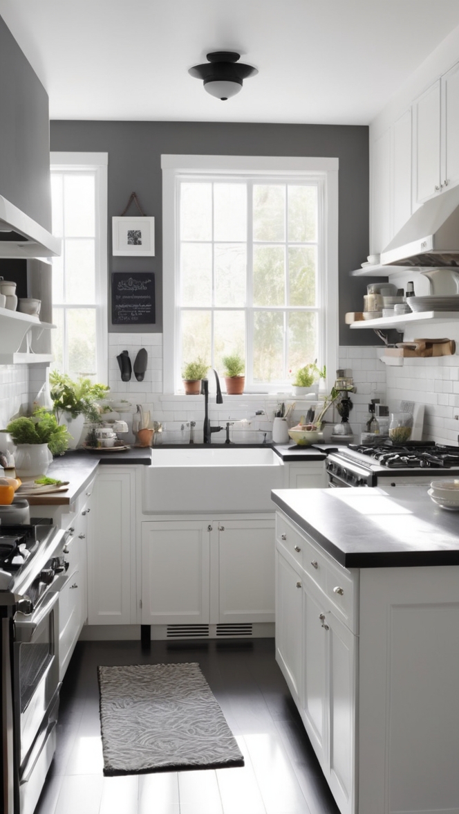 black and white cabinets, black and white tile, black and white countertops, black and white backsplash, black and white kitchen decor