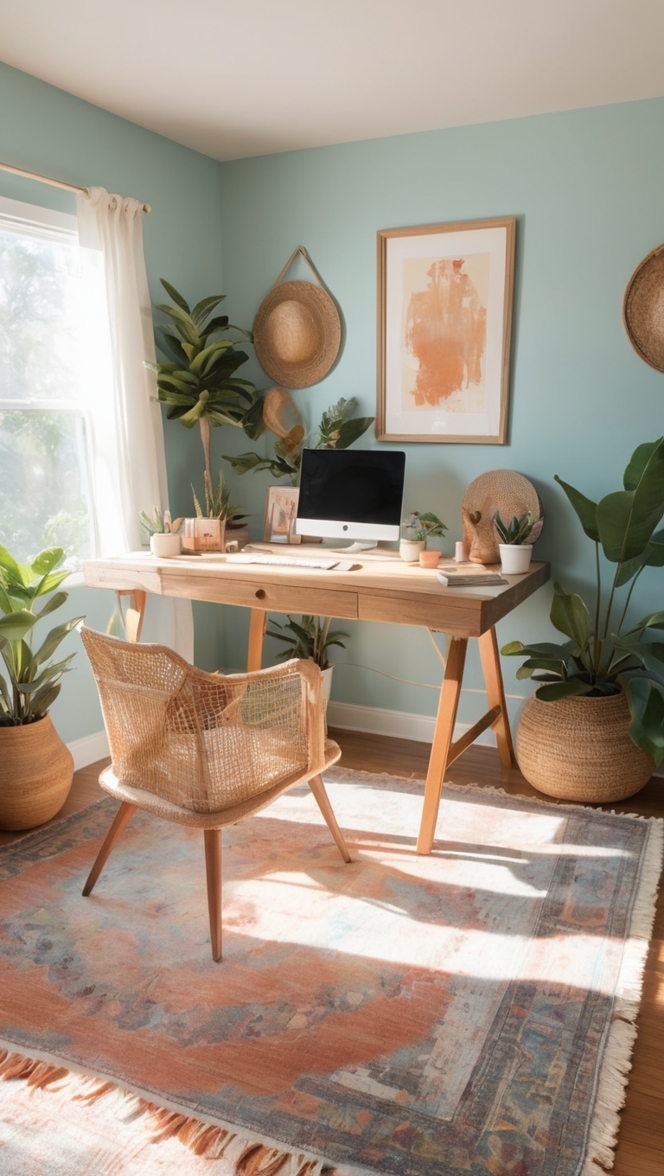 boho chic office decor, boho home office design, modern boho office space, trendy boho office accessories, boho style workspace
