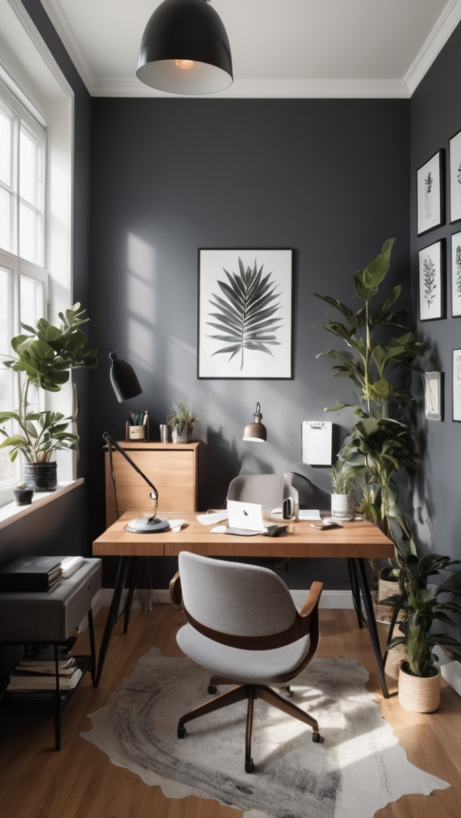 dark home office decor, modern home office design, sophisticated office decor, elegant workspace ideas, chic office interiors