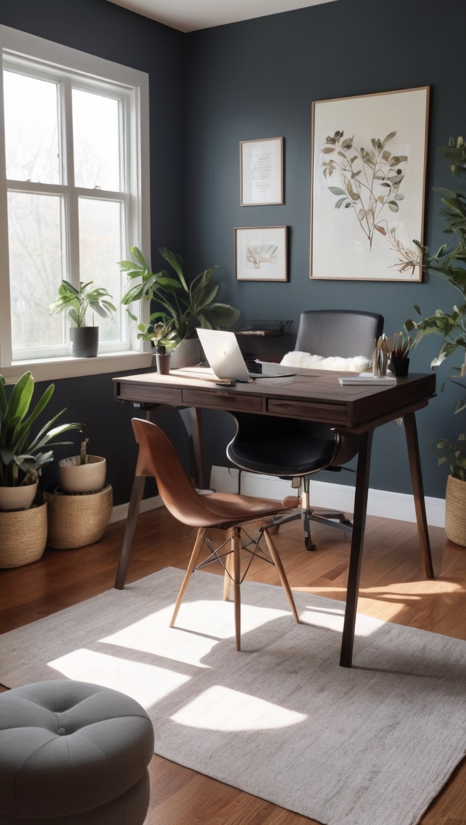 dark home office decor, contemporary home office design, minimalist home office ideas, industrial chic office space, modern workspace design