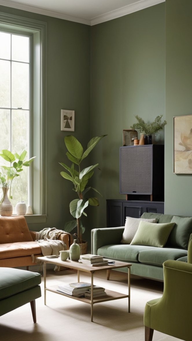 sage green decor, sage green furniture, dark green living room, green velvet sofa, green accent wall