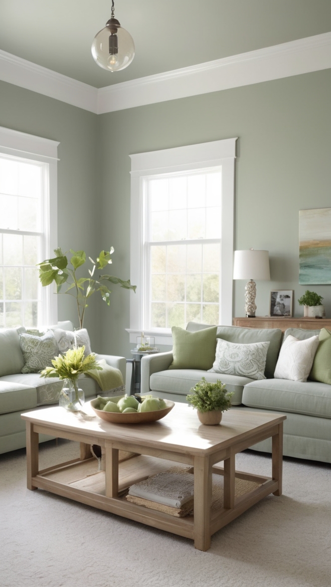 grey living room, sage green decor, modern living room, elegant home design, interior decorating