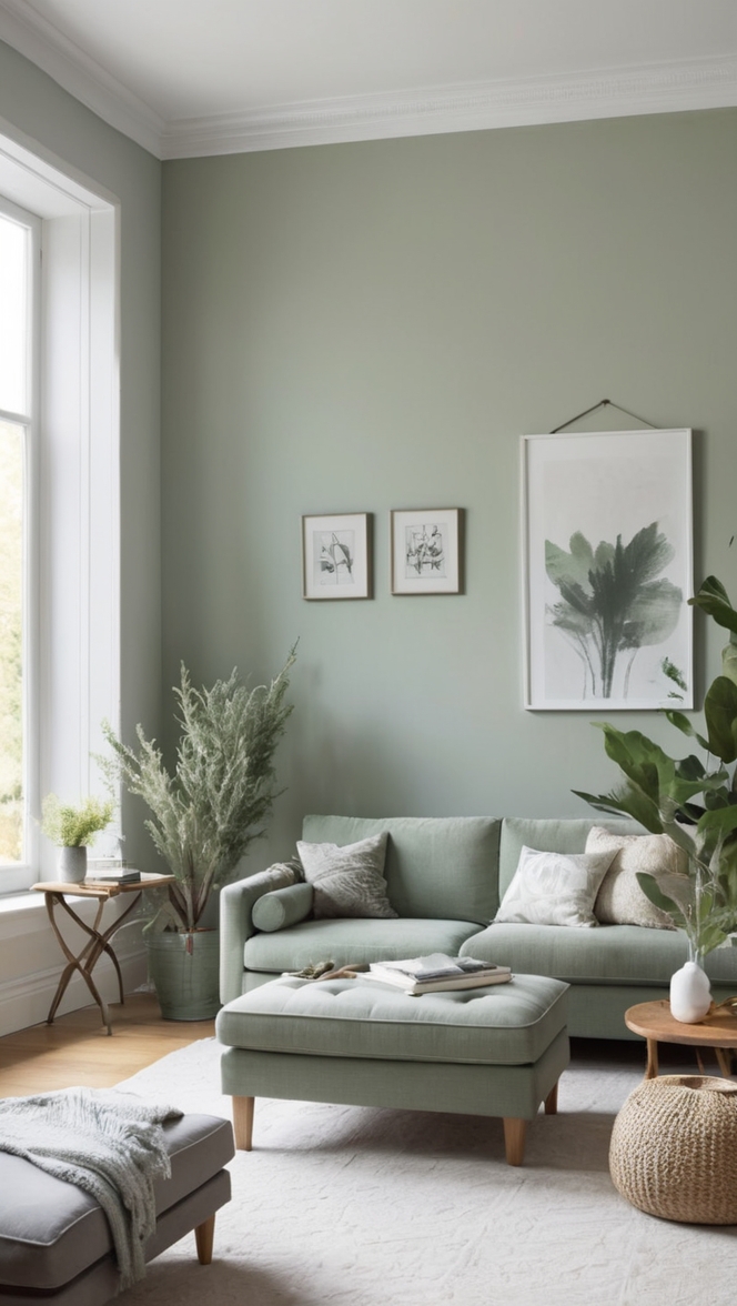 grey living room, sage green decor, modern living room, elegant home design, interior decorating