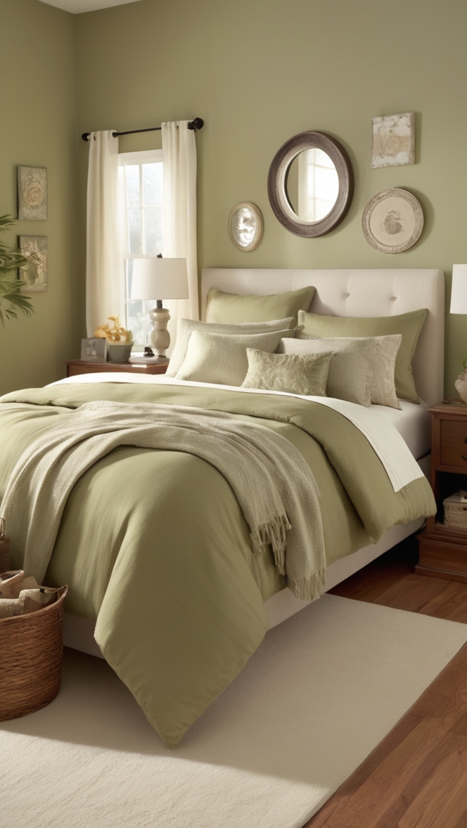 olive green bedroom decor, beige wall paint, bedroom color scheme, olive green bedding, beige curtains