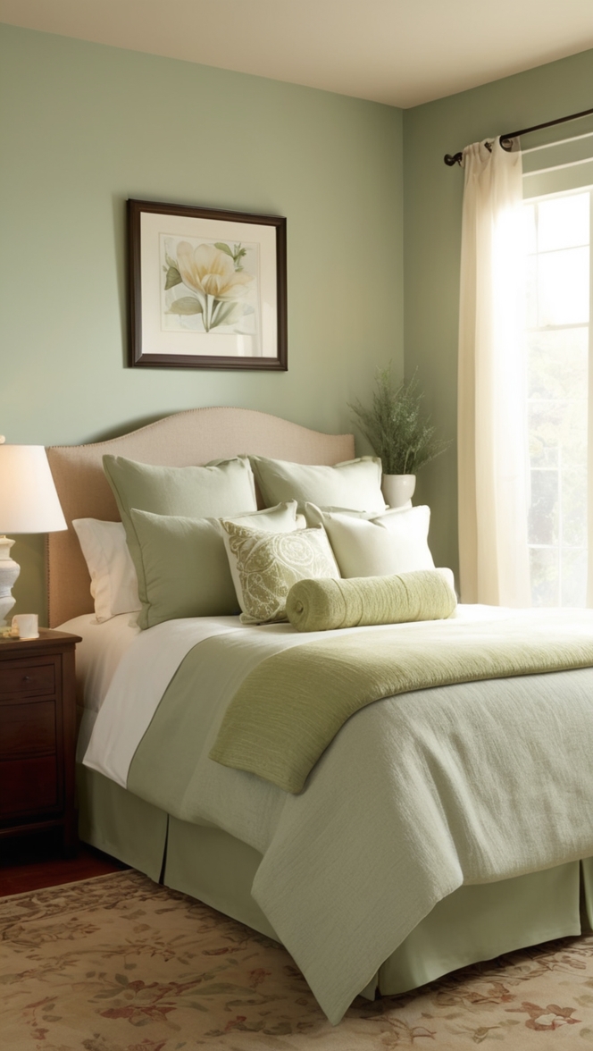 sage green curtains, cream colored bedding, sage green and cream decor, neutral bedroom walls, soft green accents