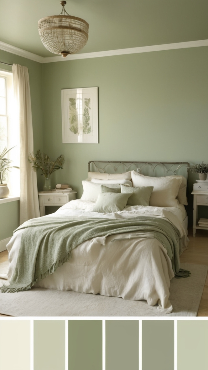 sage green curtains, cream colored bedding, sage green and cream decor, neutral bedroom walls, soft green accents