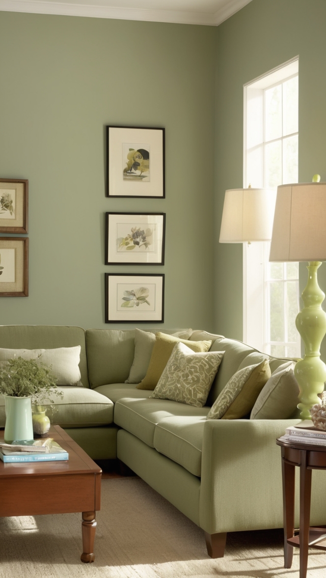 sage green couch, living room decor, interior design, home styling, modern furniture
