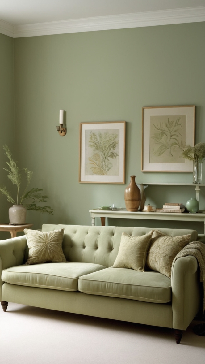 sage green couch, living room decor, interior design, home styling, modern furniture