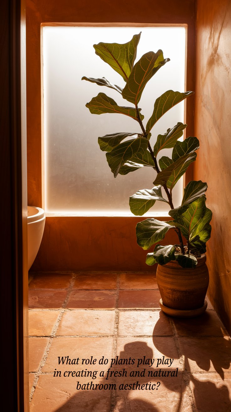 What role do plants play in creating a fresh and natural bathroom aesthetic?