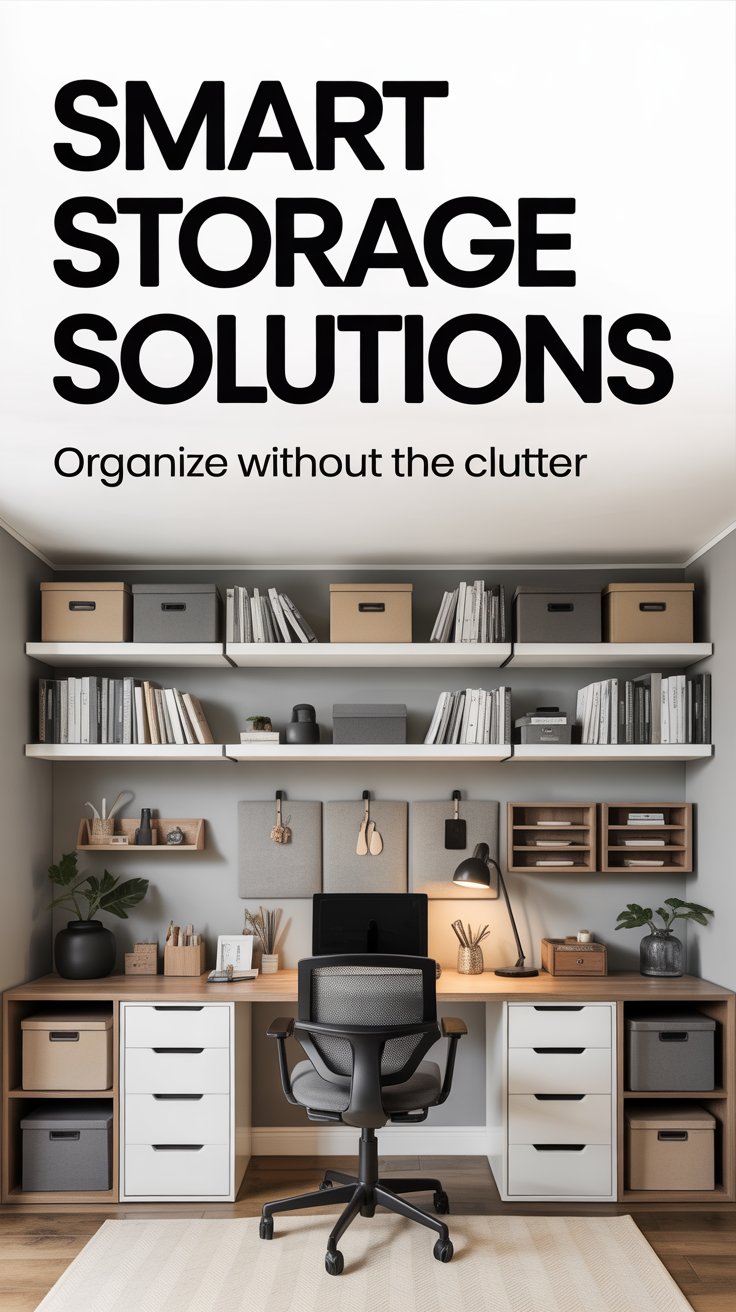 How can you incorporate storage solutions without cluttering your home office?