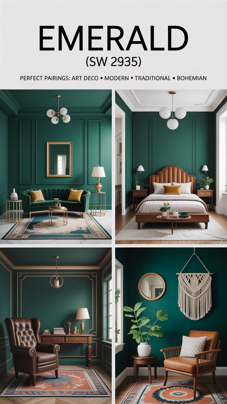 Which interior design styles pair best with Emerald (SW 2935) paint?
