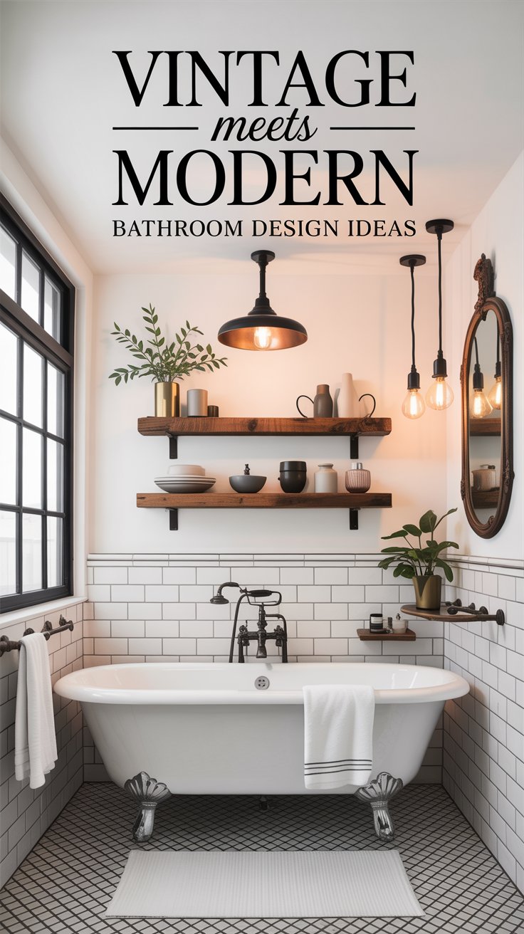 How can you incorporate vintage or rustic elements into a modern bathroom design?