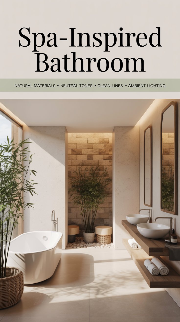 What are the key features of a spa-inspired bathroom aesthetic?