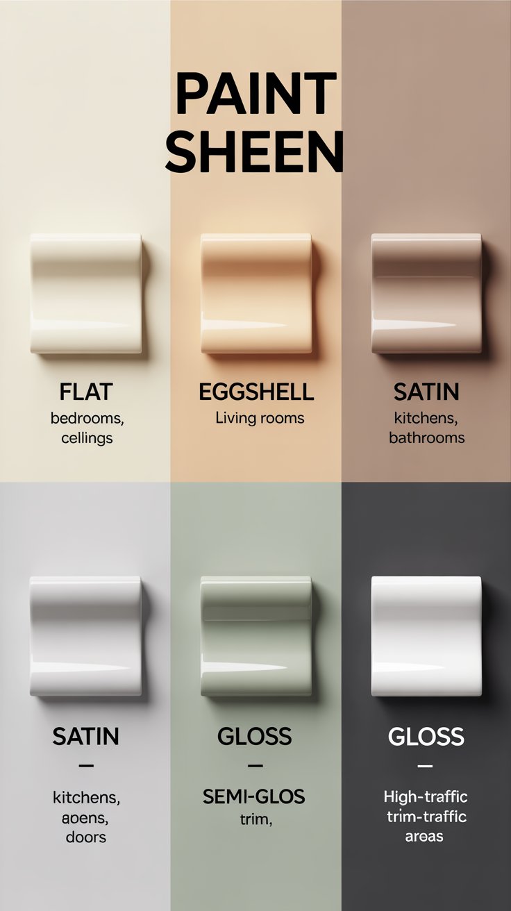 What sheen options are available, and which finishes work best for different rooms?